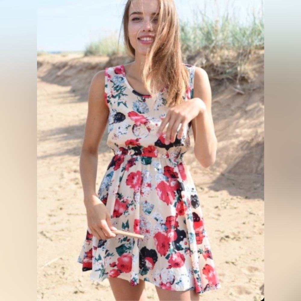 Cream, pink and teal floral print tank sun dress